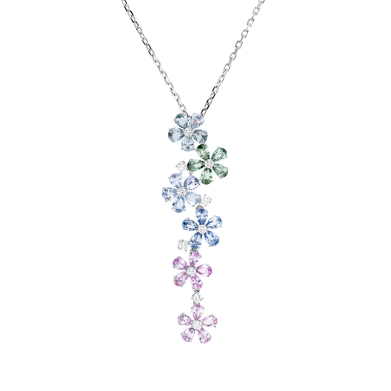 Collier 18 kt WG, mit ZÖ 40 cm, 10 Brill. 0,58 ct, TW-vsi/si, 30 Farbsteine 7,86 ct multicolor