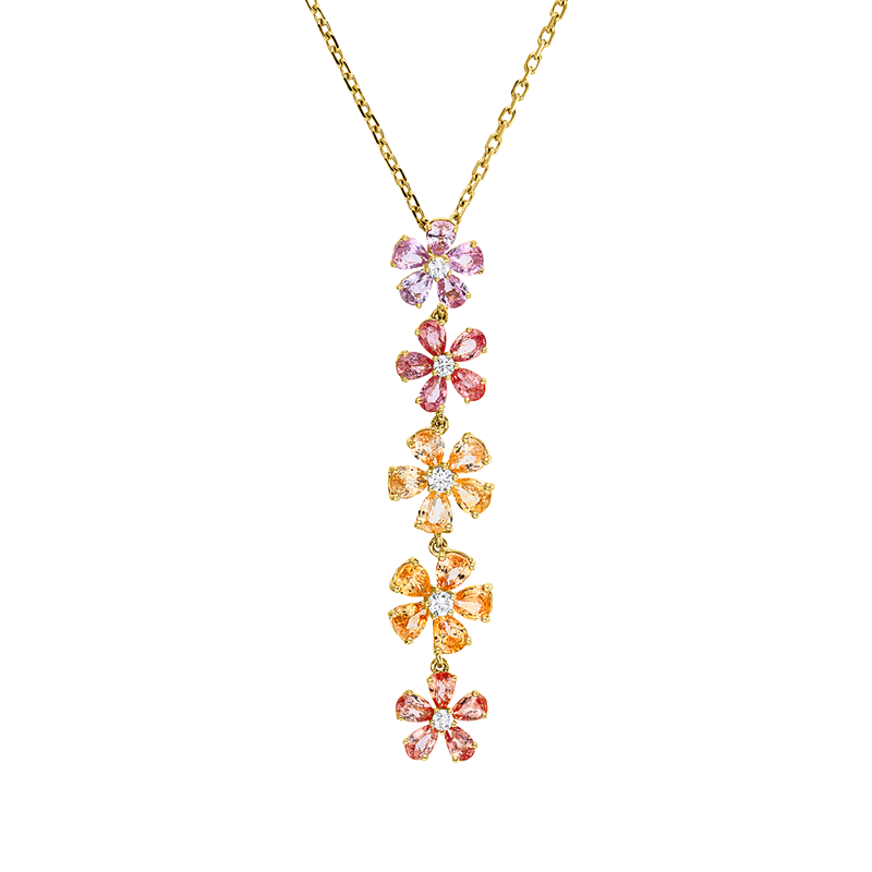 Collier 18 kt GG, mit ZÖ 40 cm, 5 Brill. 0,31 ct, TW-vsi/si, 25 Farbsteine 7,32 ct multicolor