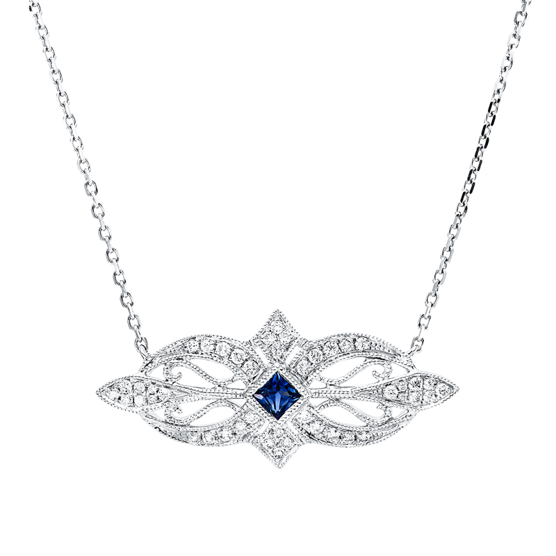 Collier 18 kt WG, mit ZÖ 40,6 cm + 43,2 cm, 44 Brill. 0,20 ct, TW-si/pi, 1 Saphir 0,17 ct blau