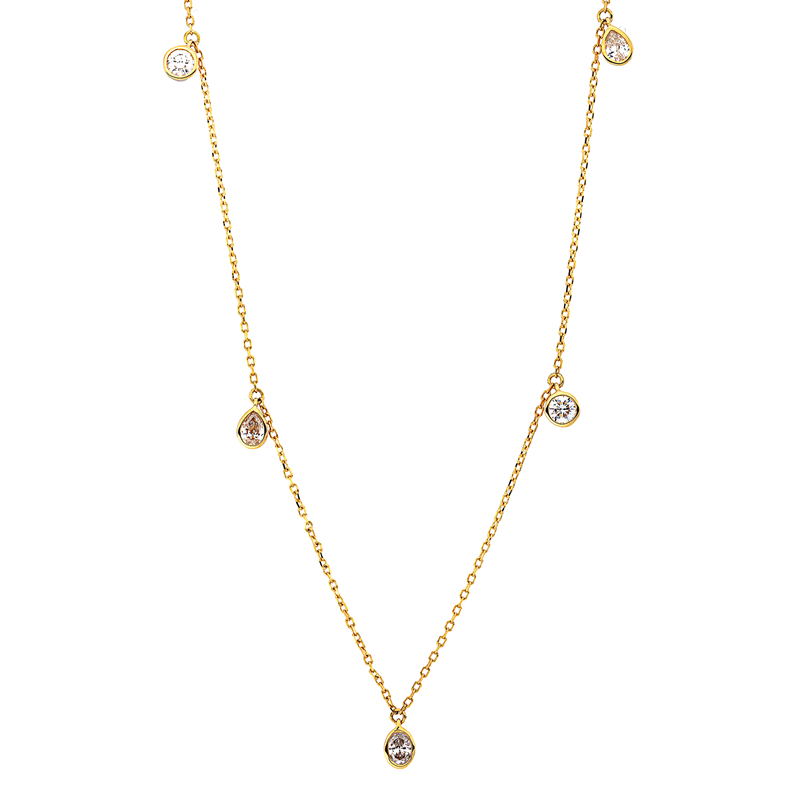Collier 18kt GG, mit ZÖ 43+40,6cm, 2 Tropfen 0,19 ct, TW-si, 1 Oval 0,10 ct, TW-si, 2 Brill. 0,19 ct, TW-si