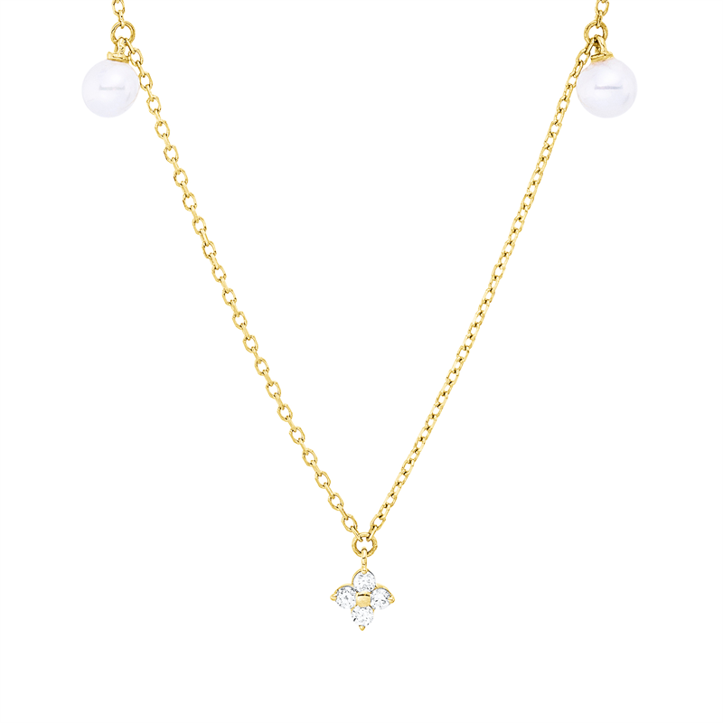 Collier 18 kt GG, mit ZÖ 43 cm + 40,6 cm, 4 Brill. 0,06 ct, TW-si, 2 Brill. 0,04 ct, TW-si, 2 ZP, barock weiß 4 mm