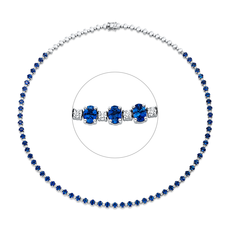 Collier 14 kt WG, 62 Brill. 1,89 ct, W-si, 61 Saphire 15,35 ct blau