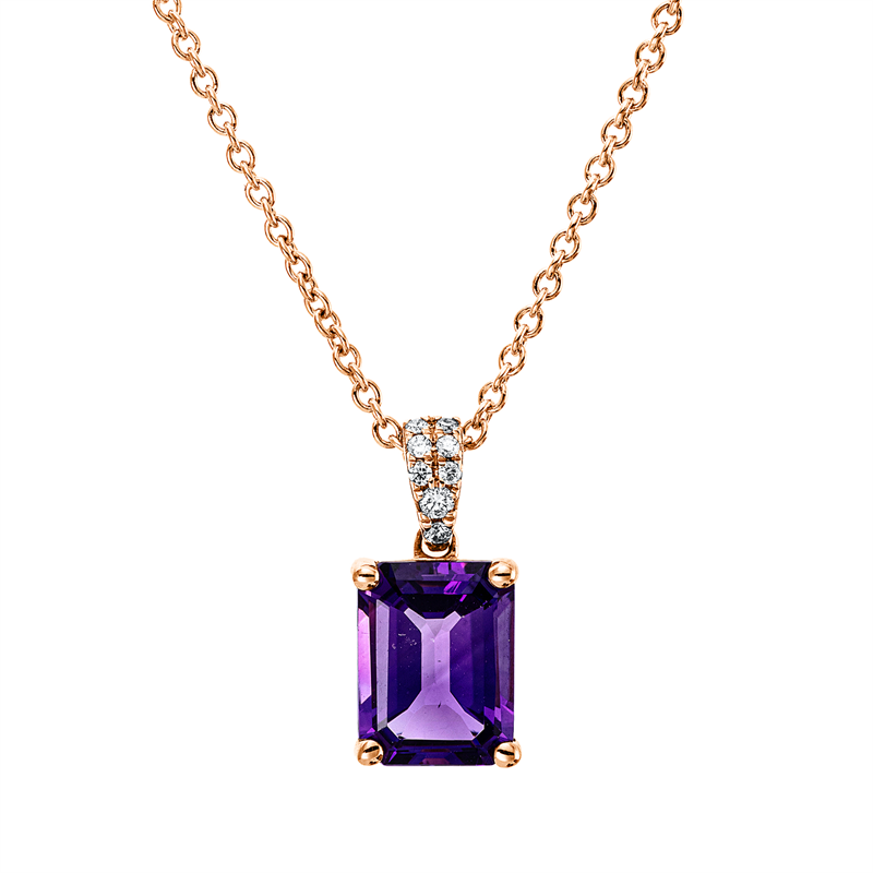 Collier 18 kt RG, mit ZÖ 42 cm, 8 Brill. 0,04 ct, TW-si, 1 Amethyst 1,46 ct lila