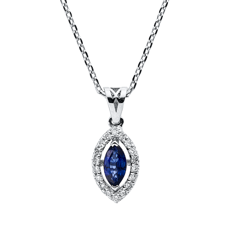 Collier 18 kt WG, mit Öse, 18 Brill. 0,11 ct, F-si, 1 Saphir 0,29 ct blau