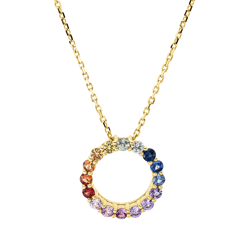 Collier 14 kt GG, mit ZÖ 40 cm + 42,5 cm, 16 Saphire 0,59 ct fancy