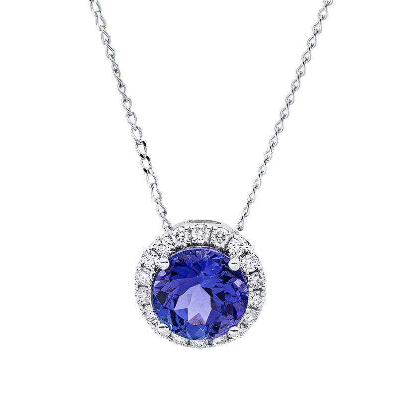Collier 14 kt WG, mit ZÖ 40 cm + 42,5 cm, 18 Brill. 0,21 ct, TW-si, 1 Tansanit 2,07 ct blau