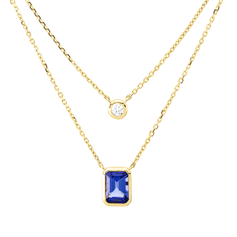Collier 18 kt GG, mit ZÖ 40 cm + 43 cm, 1 Brill. 0,09 ct, TW-si, 1 Tansanit 1,22 ct blau