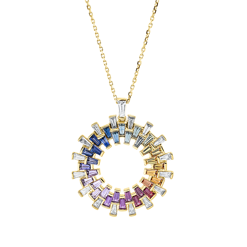 Collier 18 kt GG, mit ZÖ 40 cm + 43 cm, 17 Trap. 0,56 ct, TW-si, 32 Saphire 1,86 ct fancy