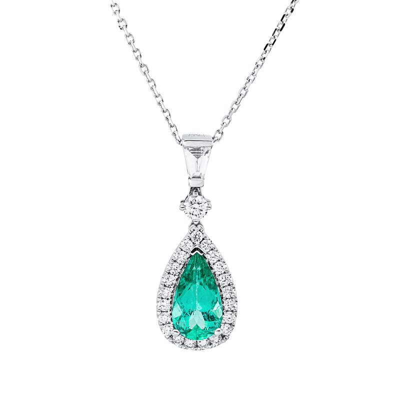 Collier 18 kt WG, 1 Tra. 0,10 ct, TW-si, 24 Brill. 0,33 ct, TW-si, 1 Smaragd 1,00 ct grün