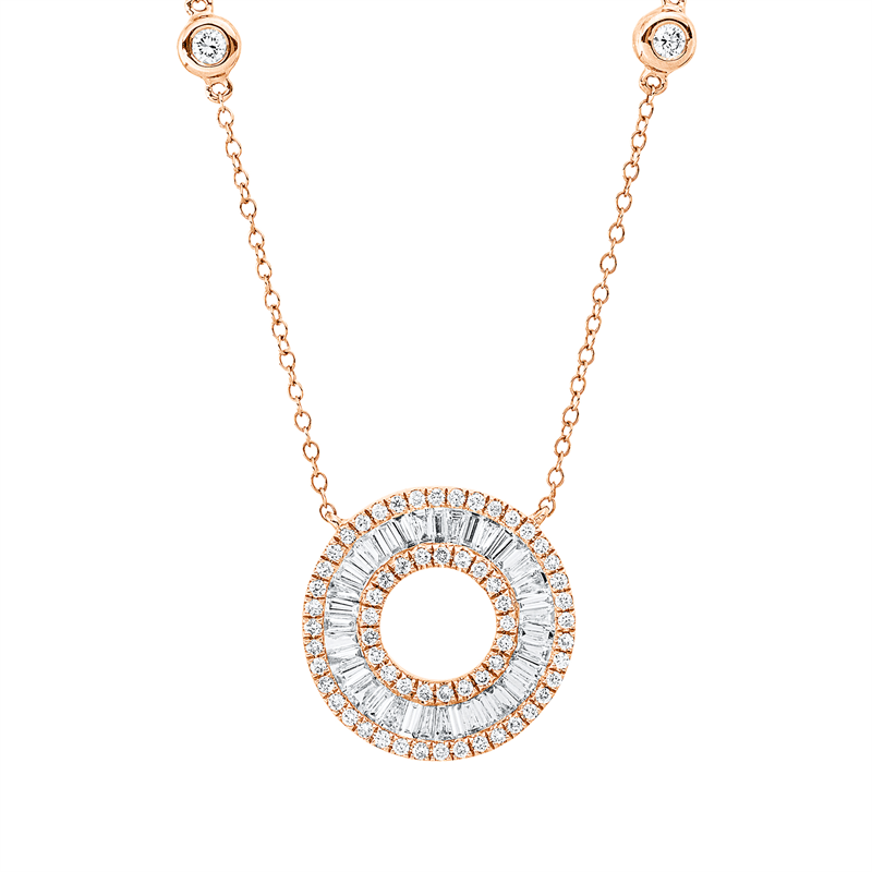 Collier 18 kt RG, mit ZÖ 40,6 cm, 27 Trap. 0,34 ct, F-vsi, 10 Bag. 0,21 ct, F-vsi, 63 Brill. 0,31 ct, F-si