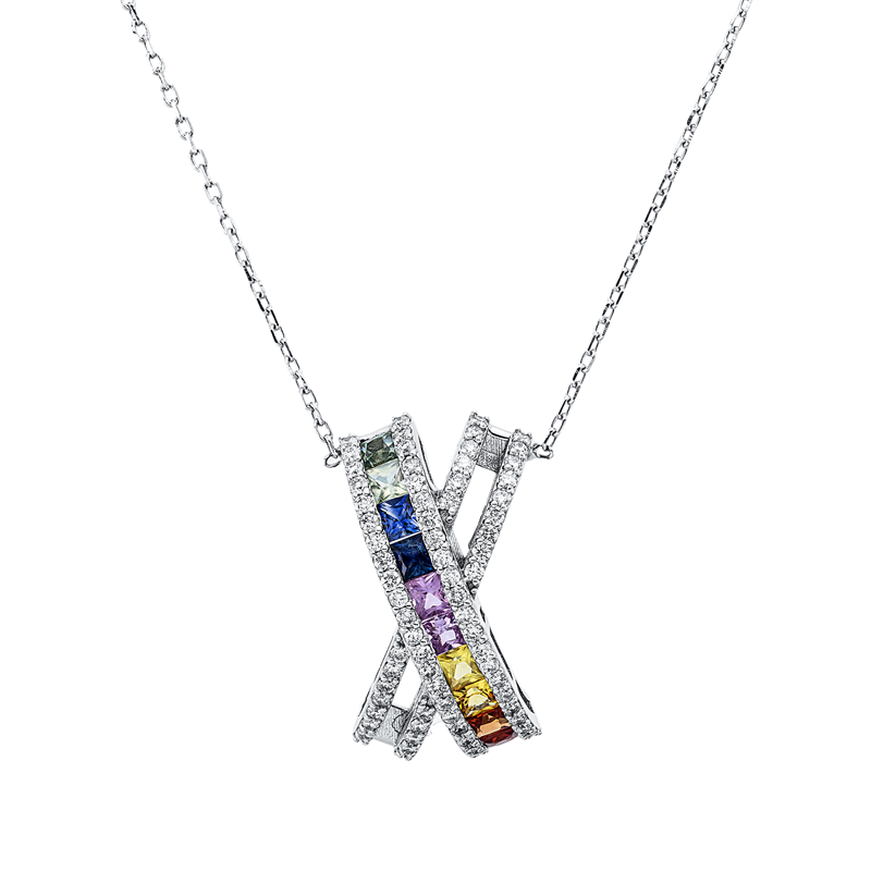 Collier 18 kt WG, 72 Brill. 0,53 ct, F-si, 10 Saphire 1,00 ct multicolor