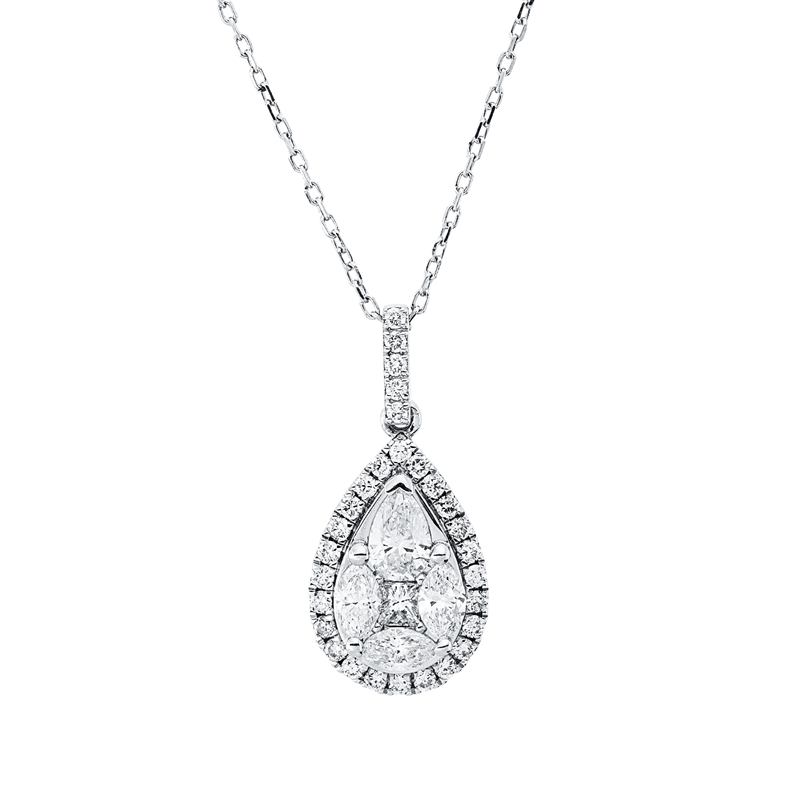 Collier 18 kt WG, 4 Fant-Schl. 0,52 ct, F-vsi, 1 Princ. 0,32 ct, F-vsi, 29 Brill. 0,32 ct, F-si