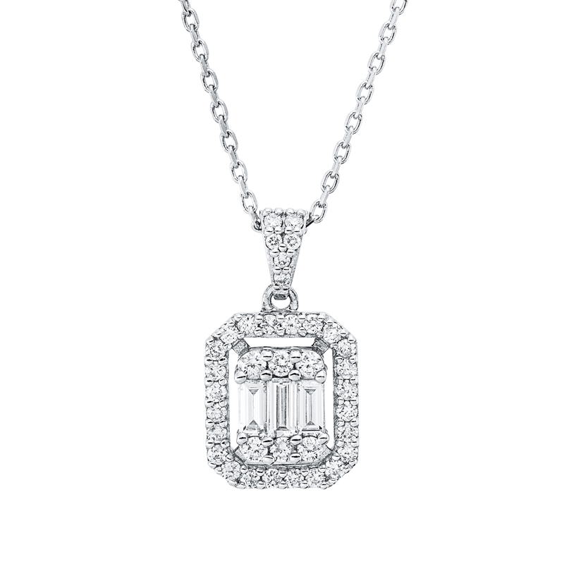 Collier 14 kt WG, mit Öse, 6 Brill. 0,09 ct, F-si, 3 Bag. 0,20 ct, F-vsi, 30 Brill. 0,22 ct, F-si