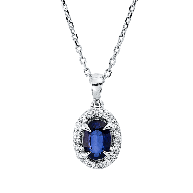 Collier 18 kt WG, mit Öse, 19 Brill. 0,12 ct, F-si, 1 Saphir 0,58 ct blau