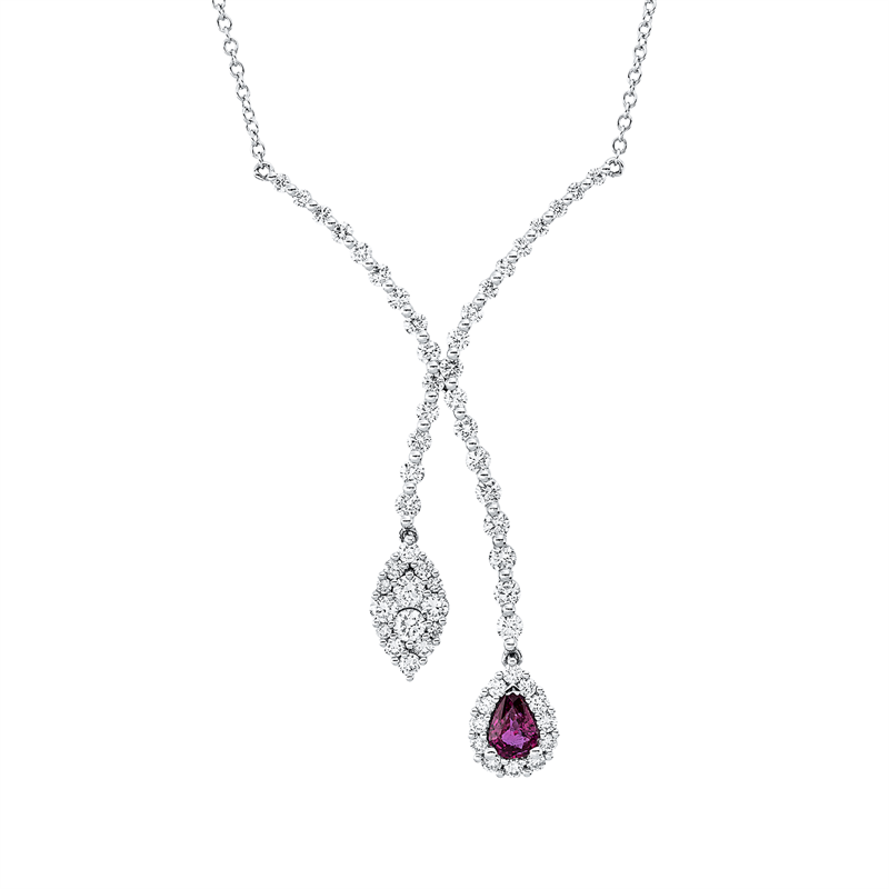 Collier 18 kt WG, mit ZÖ 40,6 cm, 58 Brill. 1,59 ct, TW-si, 1 Rubin 0,44 ct rot