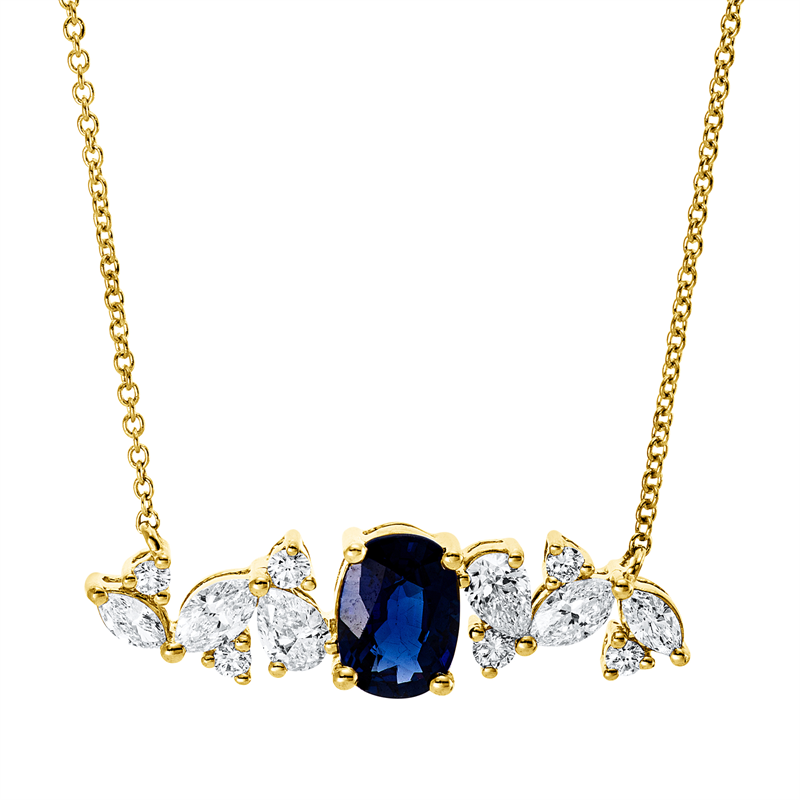 Collier 18 kt GG, 4 Nav. 0,30 ct, 2 Tropfen 0,23 ct, 6 Brill. 0,09 ct, TW-si, 1 Saphir 1,03 ct blau