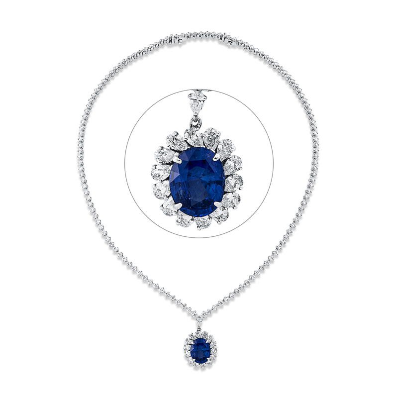Collier 18 kt WG, 17 Tropfen 1,98 ct, TW-vsi, 124 Brill. 5,77 ct, TW-vsi, 1 Saphir 6,63 ct blau