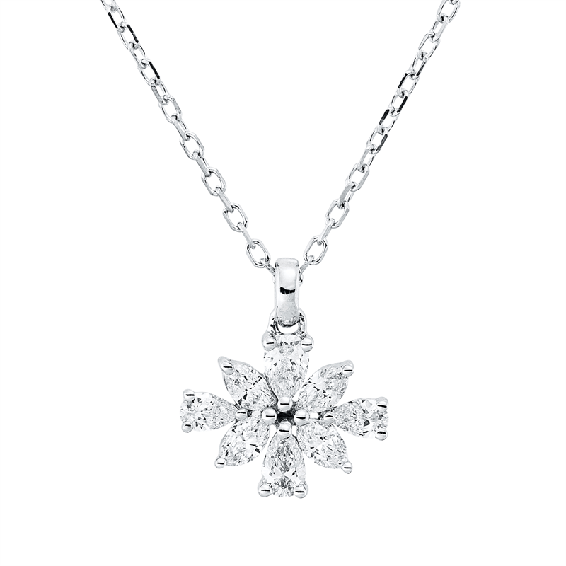 Collier 18 kt WG, mit ZÖ 40 cm, 4 Nav. 0,15 ct, TW-vsi, 4 Tropfen 0,19 ct, TW-vsi