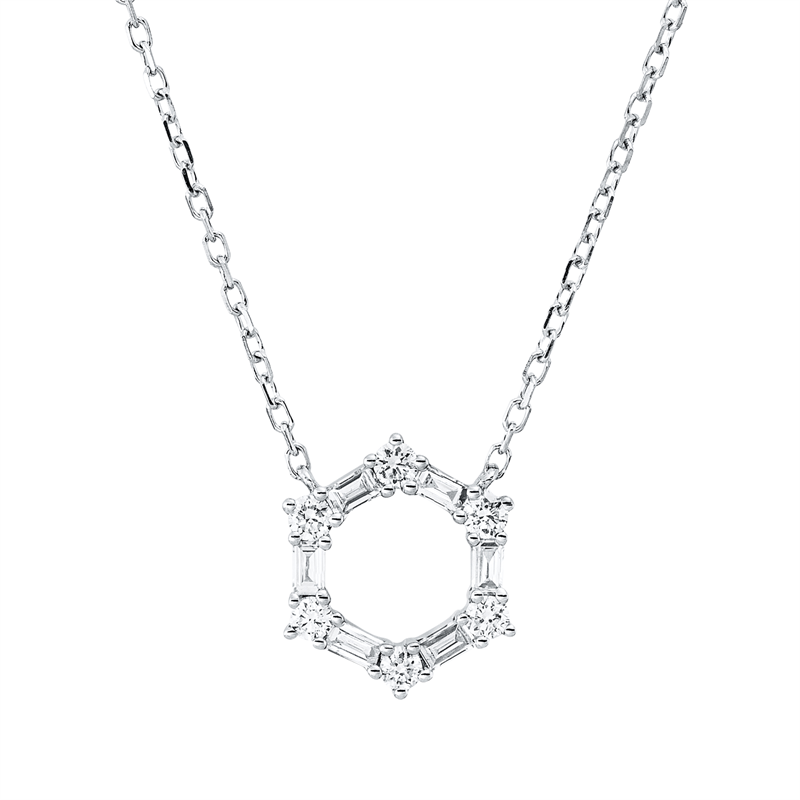 Collier 18 kt WG, mit ZÖ 40 cm, 6 Bag. 0,12 ct, TW-vsi, 6 Brill. 0,11 ct, TW-si
