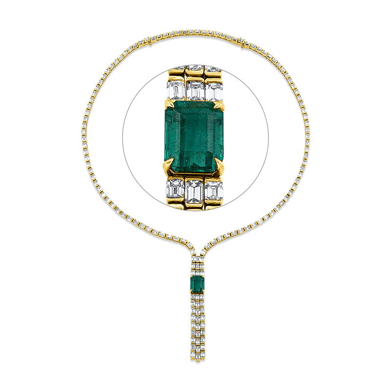 Collier 18 kt GG, 138 Bag. 26,57 ct, gelb, 1 Smaragd 5,16 ct grün
