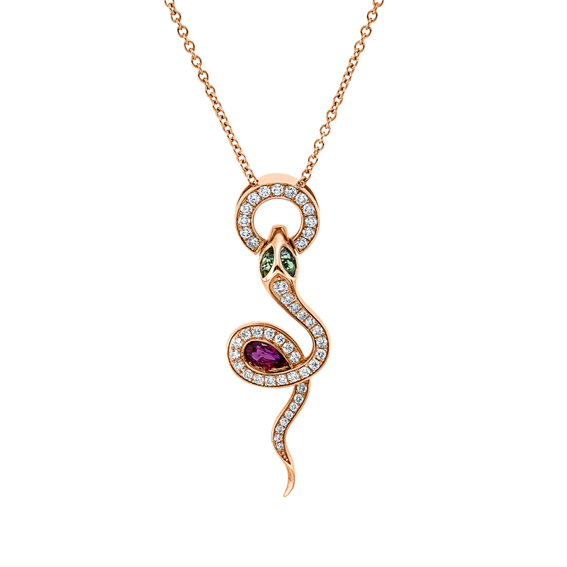 Collier 18 kt RG, 45 Brill. 0,29 ct, F-vsi, 1 Rubin 0,27 ct rot, 2 Tsavorith 0,14 ct grün