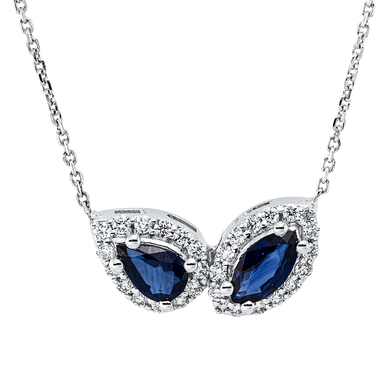 Collier 18 kt WG, 28 Brill. 0,28 ct, F-vsi, 2 Saphire 0,97 ct blau