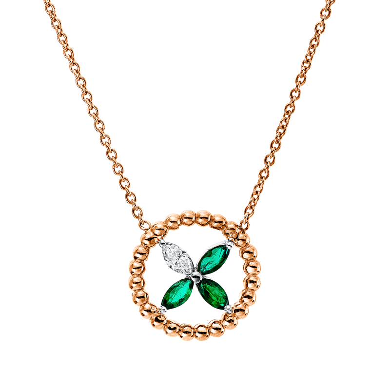 Collier 18 kt RG+WG, 1 Nav. 0,09 ct, F-vsi, 3 Smaragde 0,29 ct grün