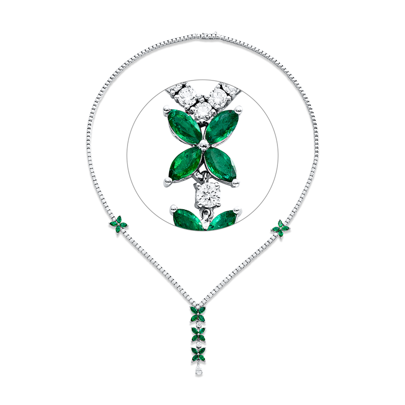 Collier 18 kt WG, 1 Tropfen 0,23 ct, TW-vsi, 91 Brill. 3,39 ct, F-vsi, 20 Smaragde 2,54 ct grün