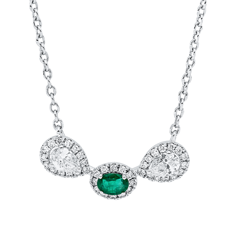 Collier 18 kt WG, 2 Tropfen 0,21 ct, TW-si, 40 Brill. 0,11 ct, TW-si, 1 Smaragd 0,12 ct grün