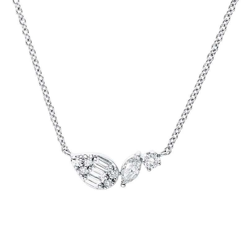 Collier 18 kt WG, 6 Brill. 0,06 ct, TW-pi, 3 Bag. 0,06 ct, TW-pi, 1 Nav. 0,08 ct, TW-pi