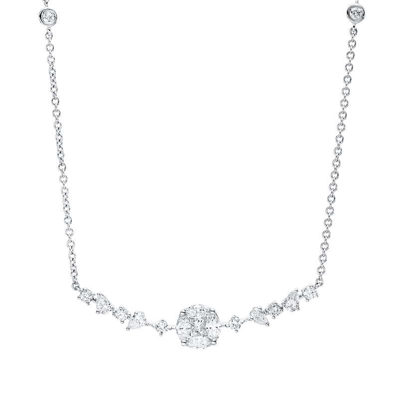 Collier 18 kt WG, 4 Tropfen 0,20ct, 4 Nav.0,25ct, 1 Princ.0,12ct, TW-vsi,10 Brill.0,30ct, TW-si