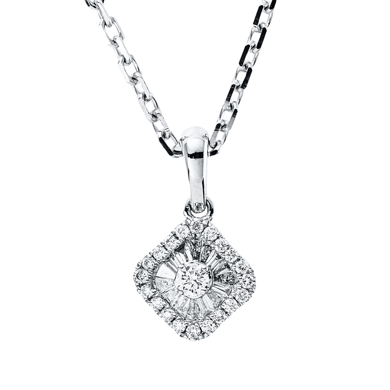 Collier 18 kt WG, ZÖ, 1 Brill. 0,04 ct, TW-si, 20 Brill. 0,06 ct, TW-si, 15 Trap. 0,10 ct, TW-vsi