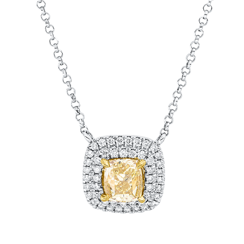 Collier 18 kt WG+GG, mit ZÖ 38 cm + 40,5cm, 50 Brill. 0,15 ct, TW-si, 1 Cushion 0,54 ct, gelb