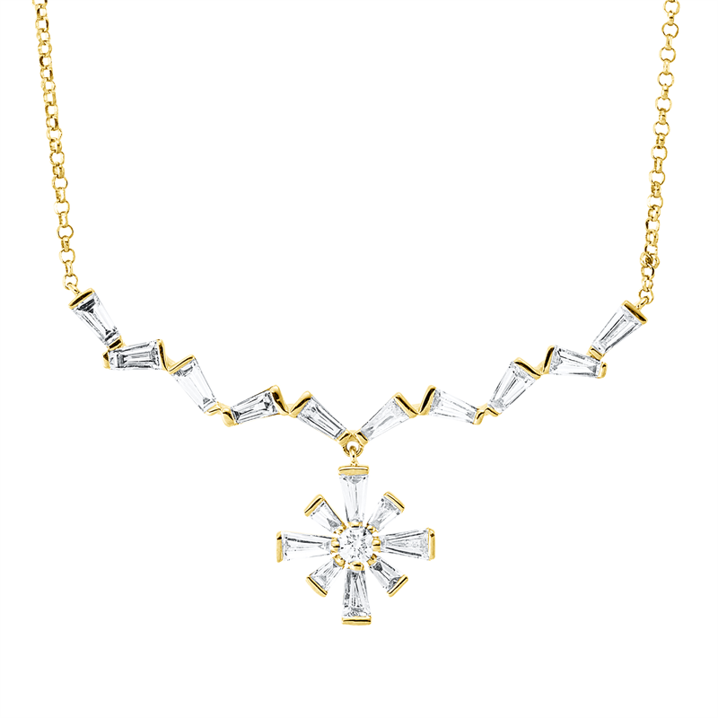 Collier 18 kt GG, mit ZÖ 40,5 cm + 41,5 cm, 1 Brill. 0,04 ct, TW-si, 18 Trap. 0,58 ct, TW-si