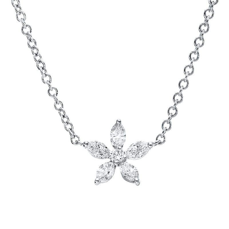 Collier 18 kt WG, 1 Brill. 0,02 ct, TW-pi, 5 Nav. 0,24 ct, TW-pi