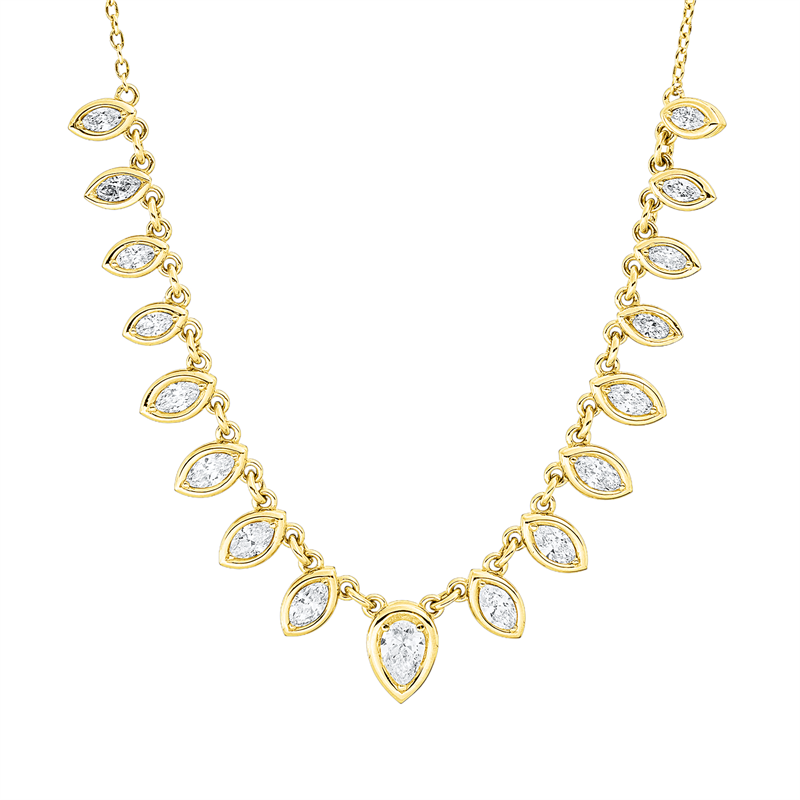 Collier 18 kt GG, mit ZÖ 39 cm, 1 Tropfen 0,20 ct, E-vsi/si, 16 Nav. 0,80 ct, E-vsi/si