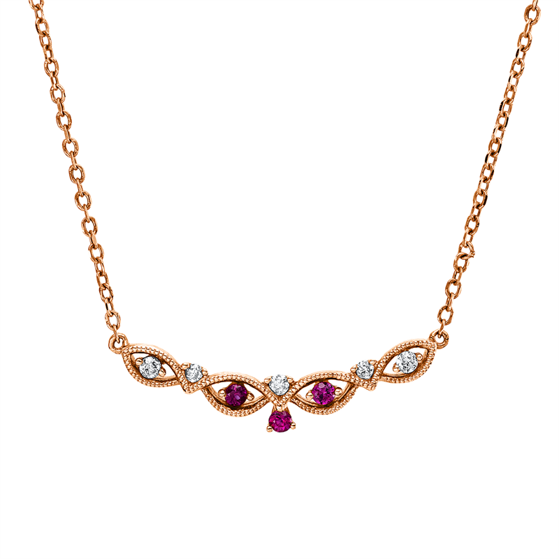 Collier 18 kt RG, mit ZÖ 42+ 43+ 44cm, 5 Brill. 0,06 ct, TW-si, 3 Rubine 0,06 ct rot