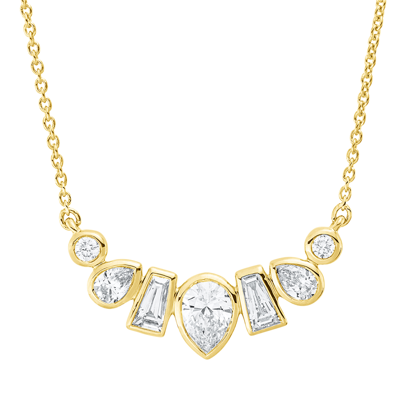 Collier 18 kt GG, 1 Tropf. 0,29 ct, 2 Tropf. 0,16 ct, 2 Trap. 0,17 ct, 2 Brill. 0,05 ct, TW-si