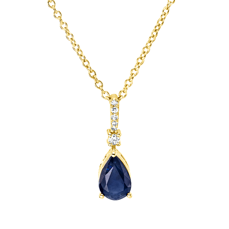 Collier 18 kt GG, mit ZÖ 40 cm, 42,5cm, 1 Brill. 0,01 ct, TW-si, 5 Dia. 0,02 ct, TW-si, 1 Saphir 0,58 ct blau