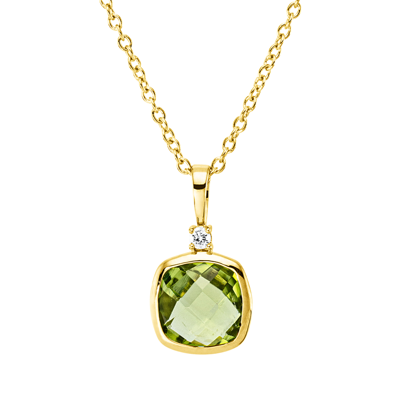 Collier 18 kt GG, mit ZÖ 40 cm, 42,5cm, 1 Brill. 0,02 ct, TW-si, 1 Peridot 0,95 ct