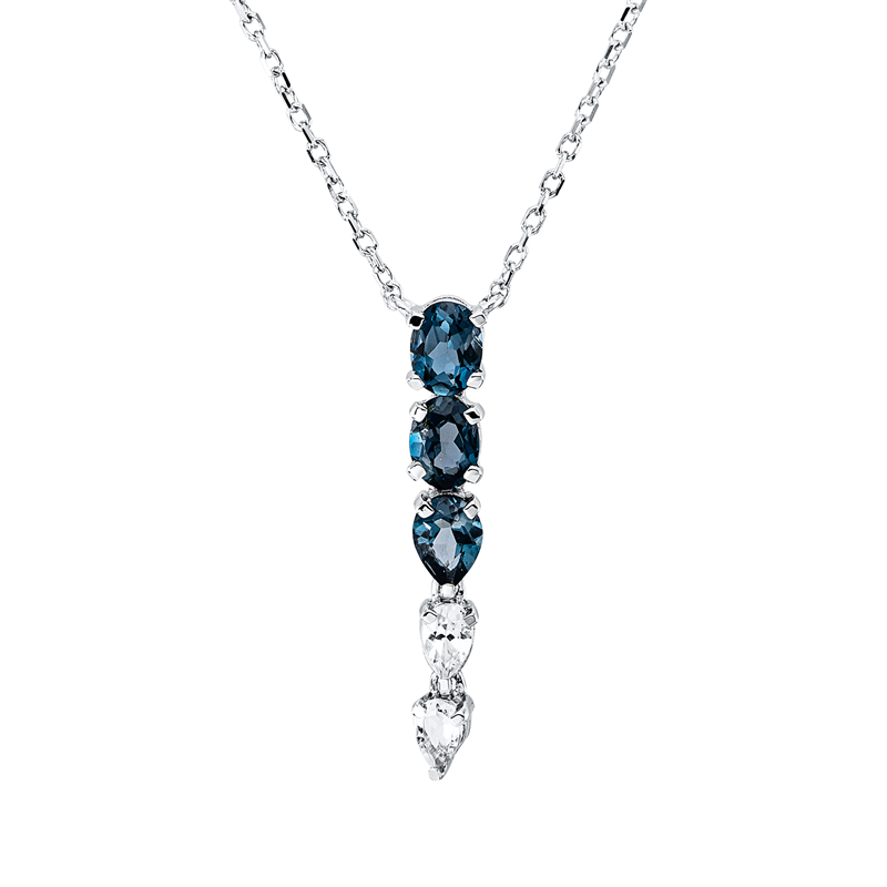 Collier 18 kt WG, mit ZÖ 43 cm, 1 Topas 0,18 ct Lo. blue, 2 Topase 0,40 ct Lo. blue, 2 Topase 0,17 ct weiß