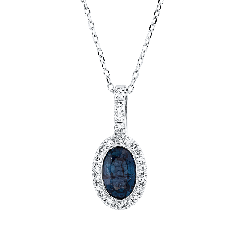 Collier 18 kt WG, mit ZÖ 43 cm, 22 Dia. 0,08 ct, TW-si, 1 Saphir 0,61 ct blau