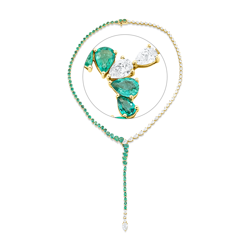 Collier 18 kt GG, 1 Tropfen 0,73 ct, TW-vsi/si, 45 Tropfen 6,79ct, TW-vsi/si, 57 Smaragde 10,29ct grün