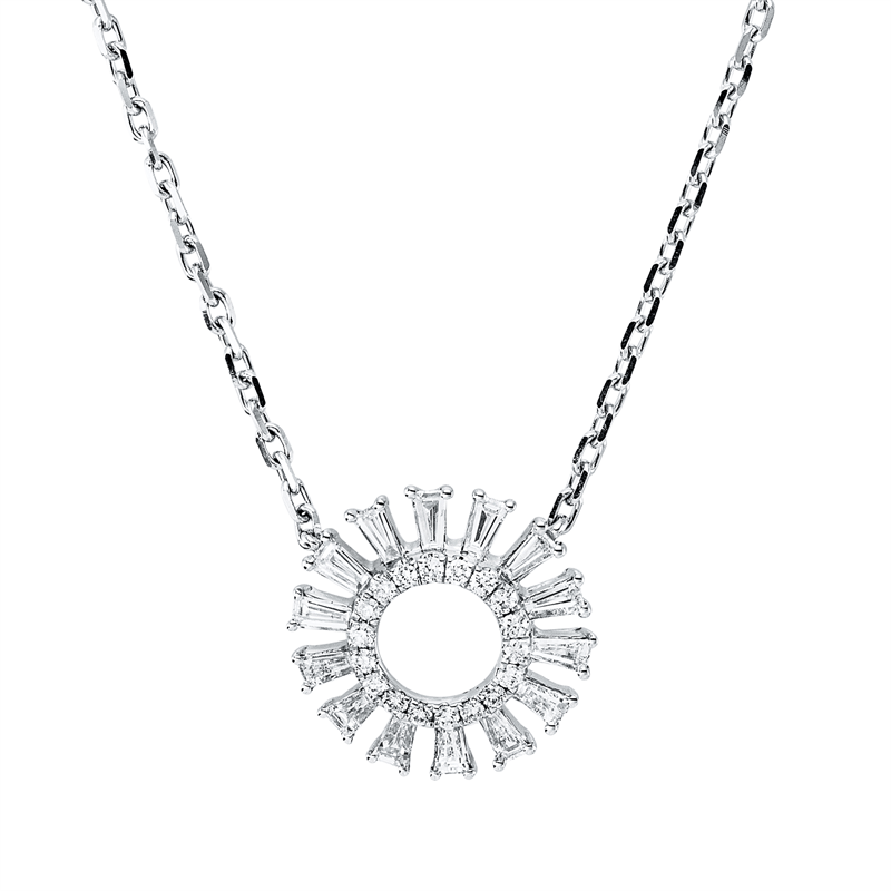 Collier 14 kt WG, mit ZÖ 40,6 cm, 14 Trap. 0,36 ct, TW-vsi/si, 18 Brill. 0,09 ct, TW-si