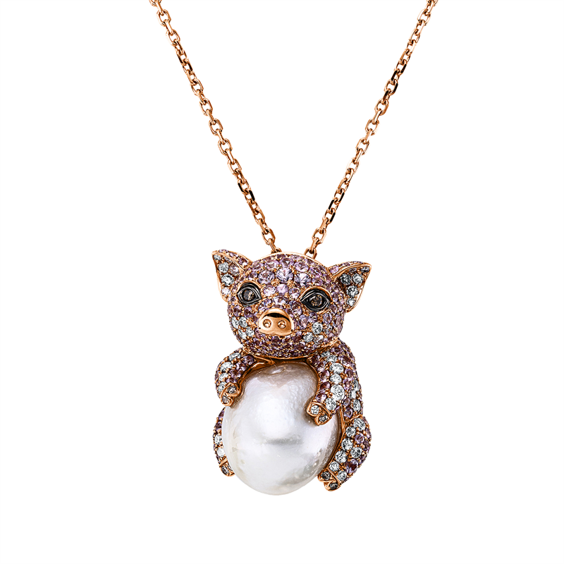 Collier 18 kt RG,55 Brill. 0,60 ct, fancy-vsi/si, 188 Saphire 2,82 ct pink, 1 ZP, barock weiß 13,4 mm