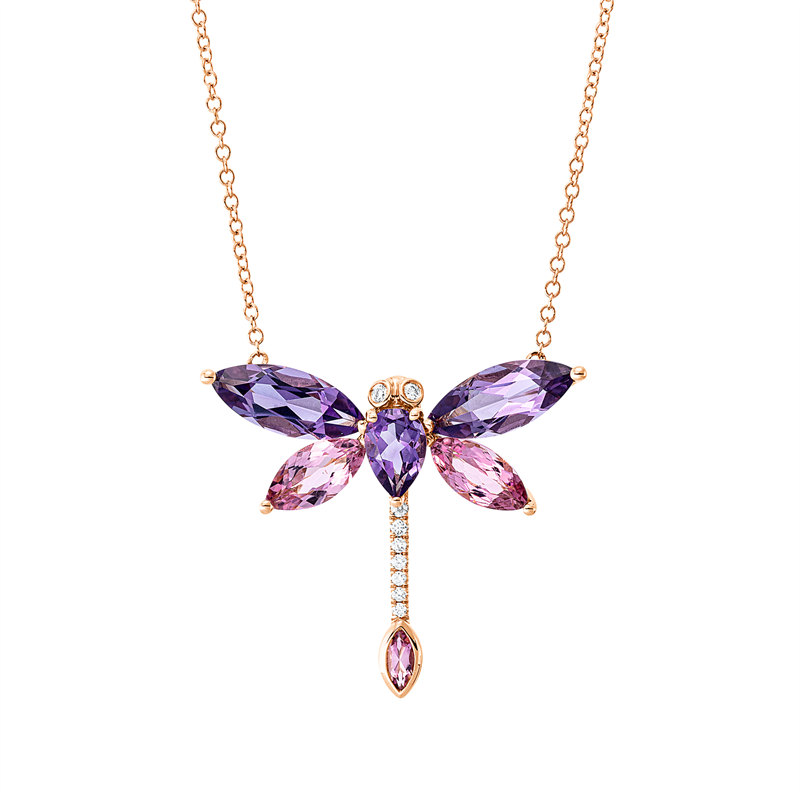Collier 18 kt RG, mit ZÖ 40,6 cm, 9 Brill. 0,06 ct, TW-si, 3 Amethyste 2,20 ct lila, 3 Turmalin 1,20 ct pink