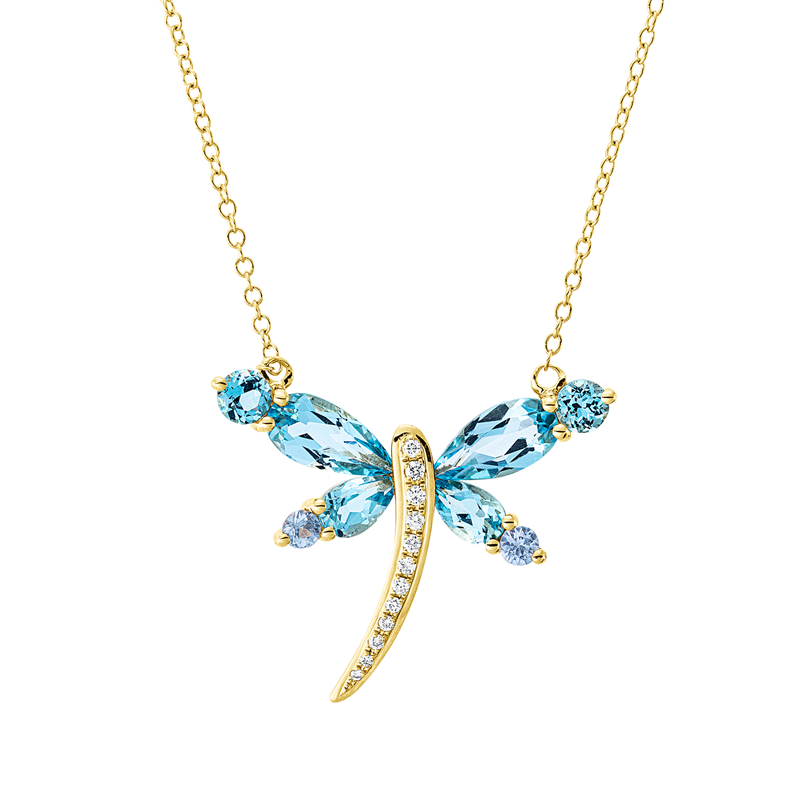 Collier 18 kt GG, mit ZÖ 40,6 cm, 12 Brill. 0,06 ct, TW-si, 2 Saphire 0,14 ct blau, 6 Topase 1,90 ct Swiss blue