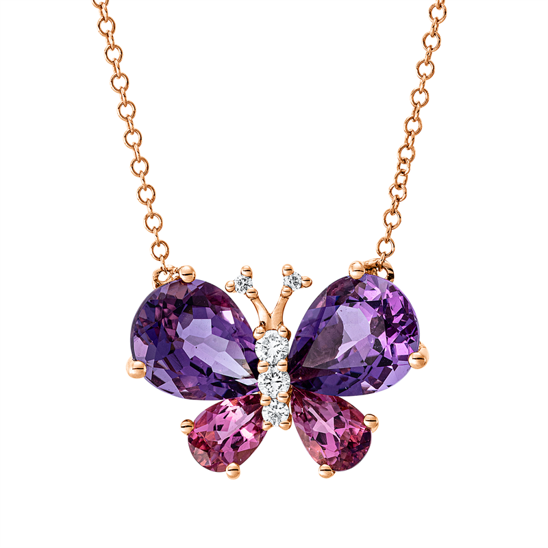 Collier 18 kt RG, mit ZÖ 40,6 cm, 5 Brill. 0,10 ct, TW-si, 2 Amethyste 3,20 ct lila, 2 Turmalin 0,80 ct pink