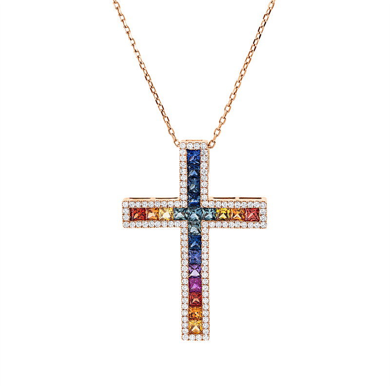 Collier 18 kt RG, mit ZÖ 40.6 cm + 43.2 cm, 102 Brill. 0,58 ct, TW-si, 21 Saphire 2,16 ct multicolor