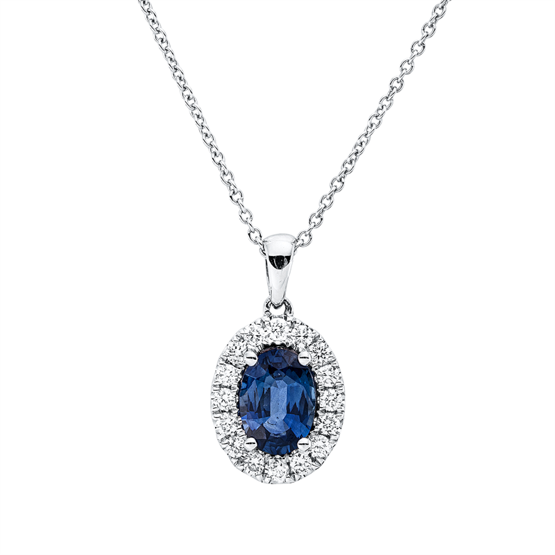 Collier 18 kt WG, mit ZÖ 42 cm, 16 Brill. 0,19 ct, TW-vsi, 1 Saphir 0,84 ct blau